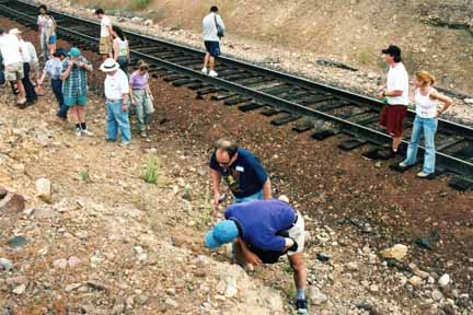 photo of geologists in a railroad cut