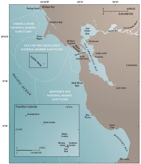 map showing the Farallon Islands off te coast of San Francisco Bay