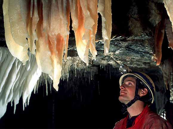 photo of caver looking at formations on ceiling of cave