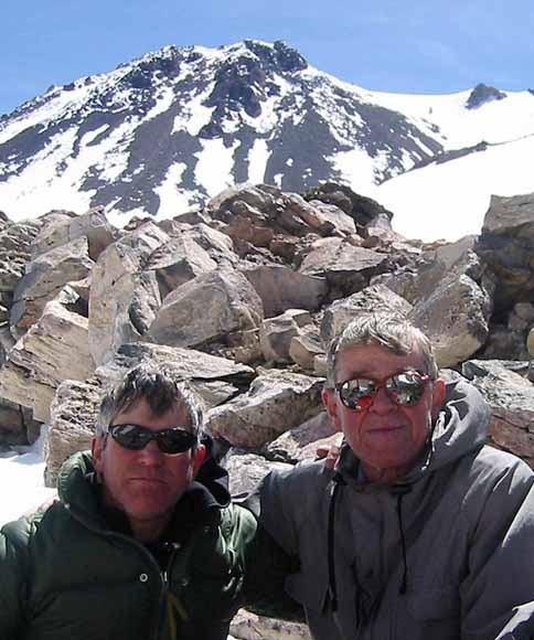 Photo of Mike and Jim; Mount Shasta in the background