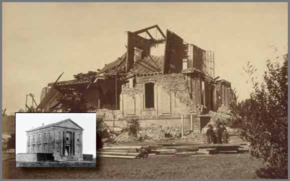 photo of almost completely collapsed courthouse with inset photo of large two-story building