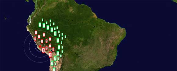 Map of western South America showing cell-phone stations