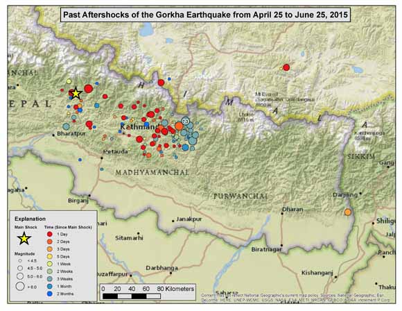 Map of Nepal showing epicenters