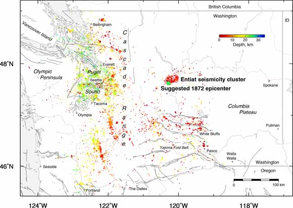 map of Washington showing seismicity