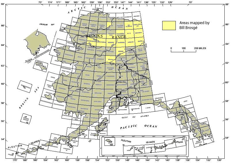 Map of Alaska showing 118 quater-million-scale quads with the 16 that Bill mapped all or part of marked in yellow